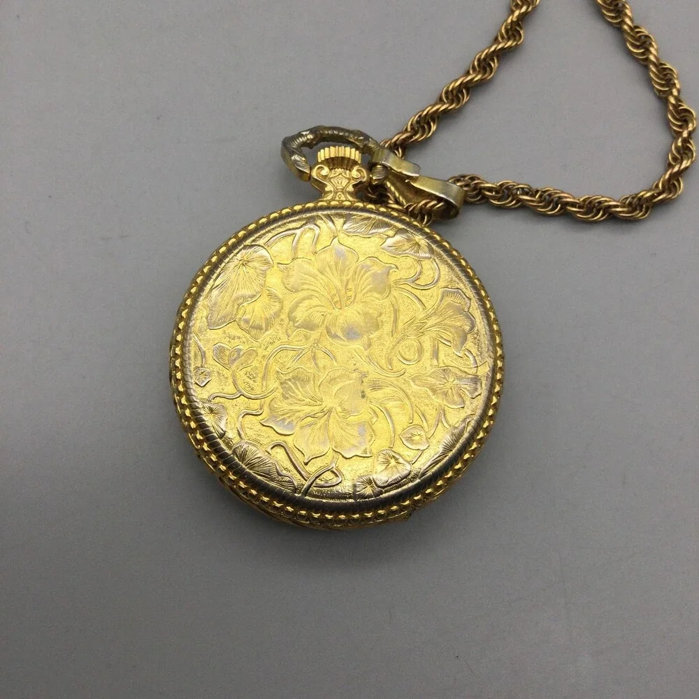 Vintage Bonnard Pocket Watch Women 35mm Gold Tone Full Hunter Chain Manual Wind
